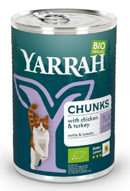 (DLA KOTA DOROSŁEGO) KAWAŁKI KURCZAKA I INDYKA Z POMIDOREM I POKRZYWĄ BIO 405 g - YARRAH