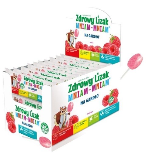 LIZAK O SMAKU MALINOWYM NA GARDŁO BEZ CUKRU BEZGLUTENOWY 6 g - ZDROWY LIZAK (MNIAM MNIAM)