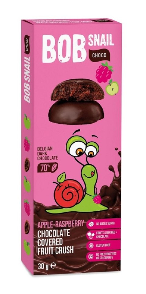 PRZEKĄSKA CHOCO JABŁKO - MALINA W CZEKOLADZIE CIEMNEJ BELGIJSKIEJ BEZ DODATKU CUKRÓW BEZGLUTENOWA 30 g - BOB SNAIL